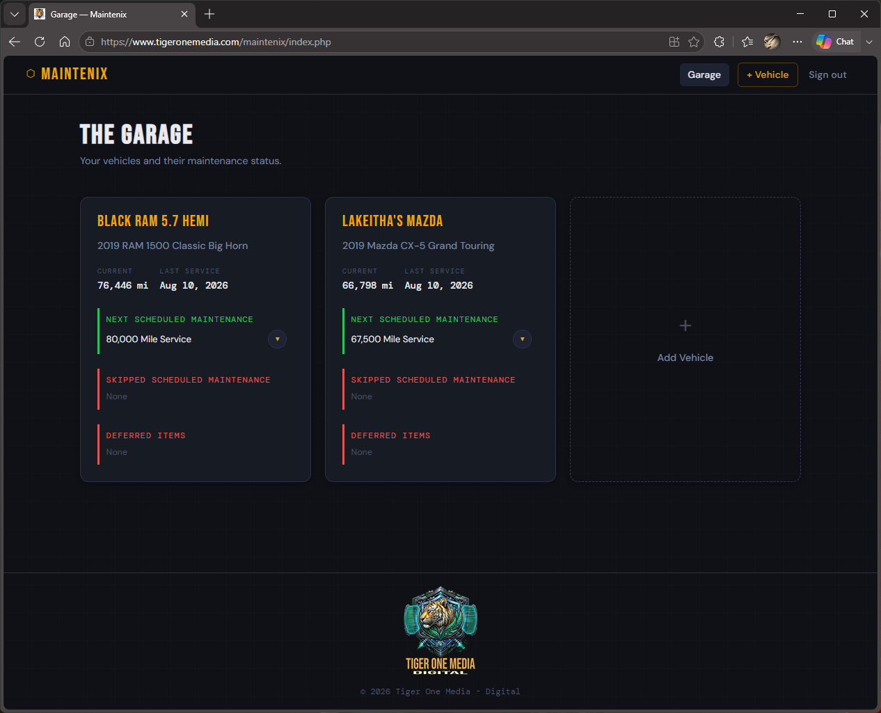 Maintenix garage view showing vehicle cards