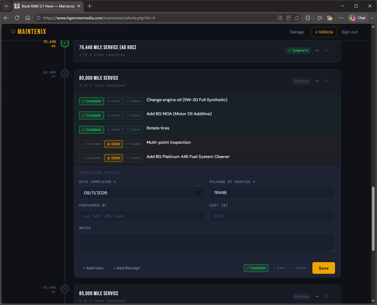 Expanded service milestone with item checklist