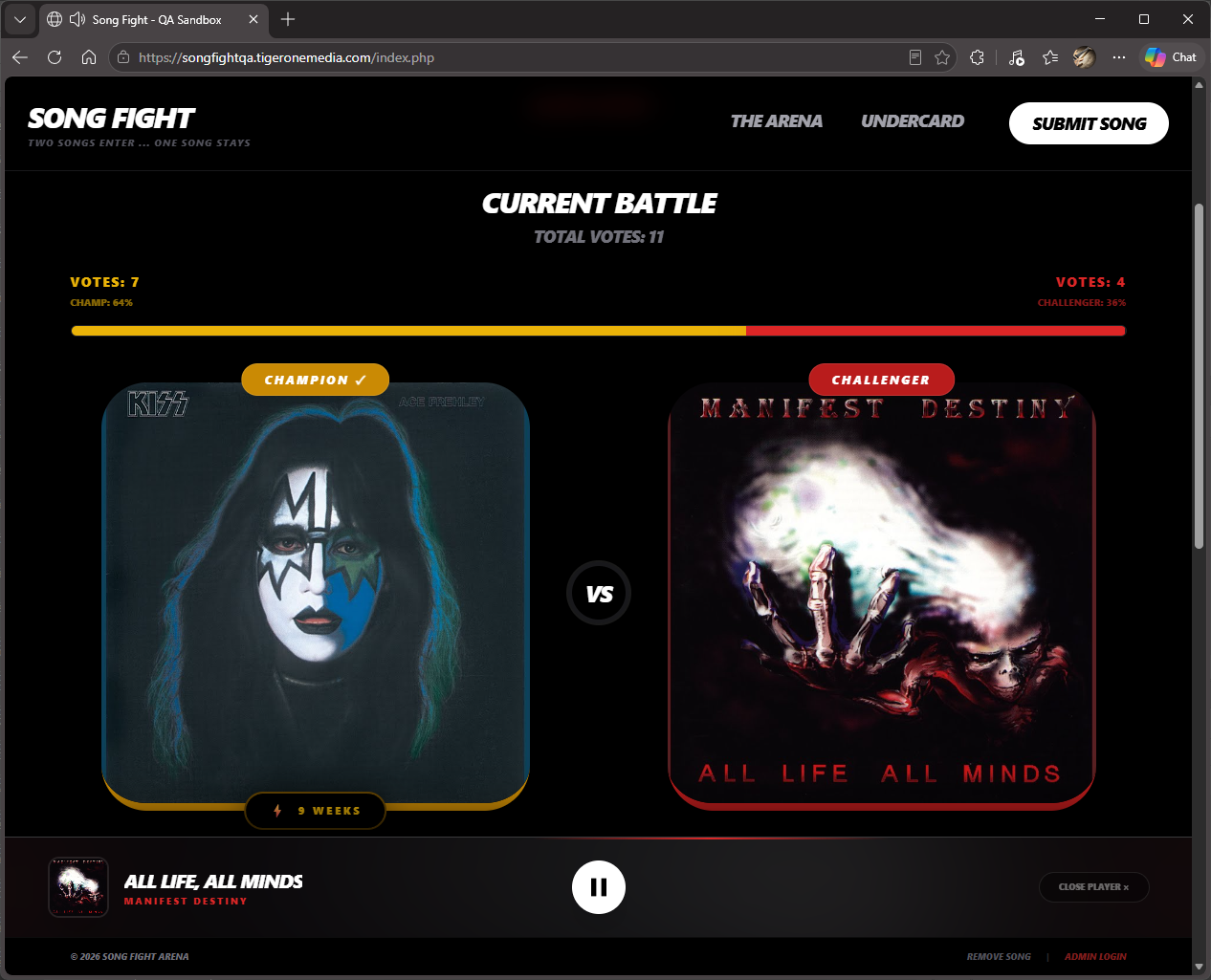 The Arena homepage showing the live scoreboard